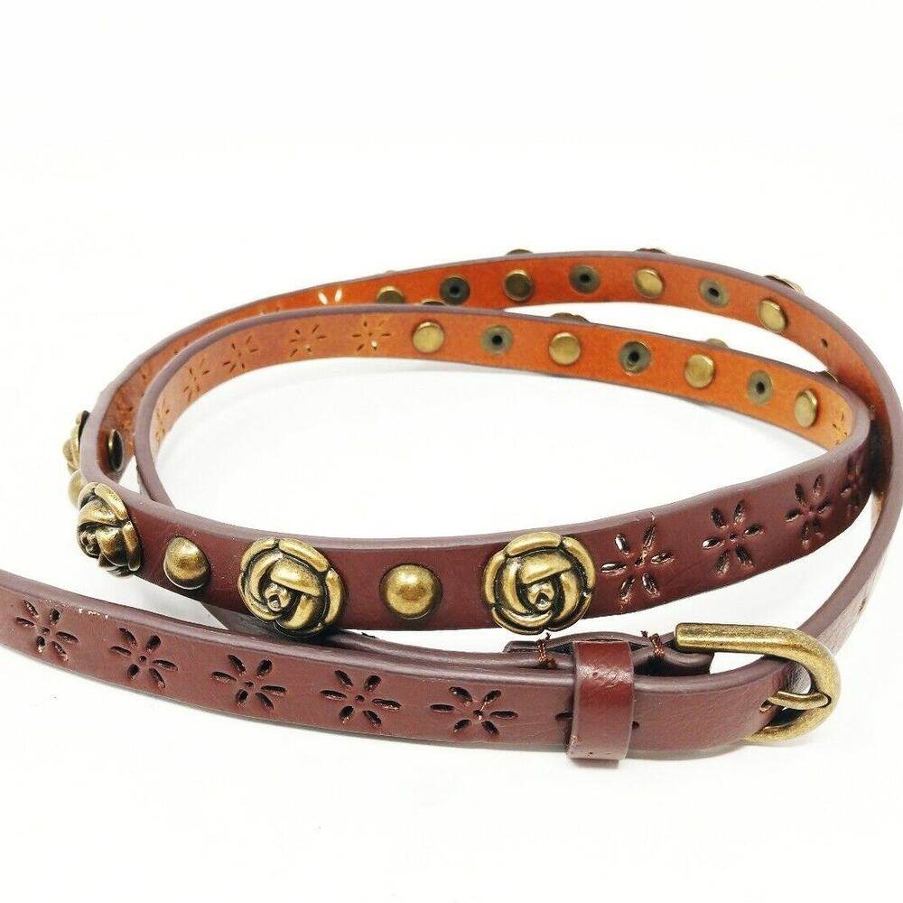 Another Line Nordstrom Women's Skinny Belt Waist Brown Gold Metal Flowers Small